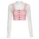 thumbnail image 1 of Women Fake 2pcs Sheer Lace Long Sleeve Turtleneck Crop Top with Pink Button Vest, 1 of 4