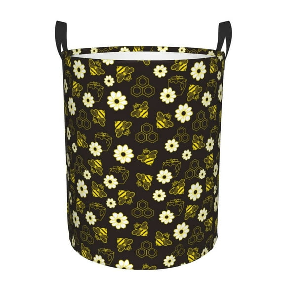 Balery Honey Bees With Flowers Cesta de ropa redonda con asas, impermeable, independiente, para ropa, juguetes, dormitorio y familia-Small