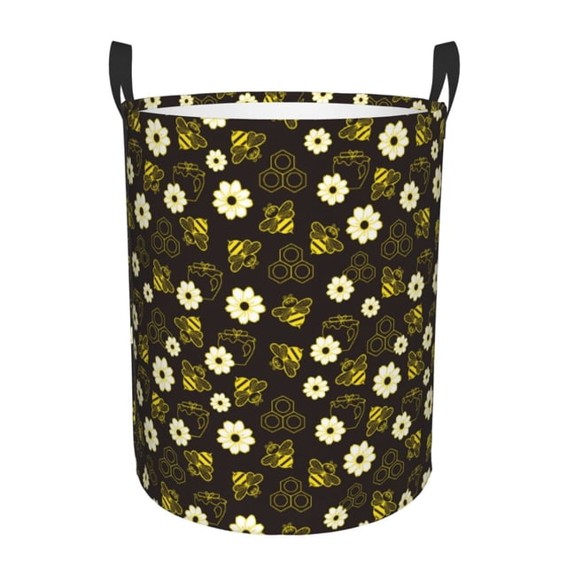 Balery Honey Bees With Flowers Cesta de ropa redonda con asas, impermeable, independiente, para ropa, juguetes, dormitorio y familia-Small