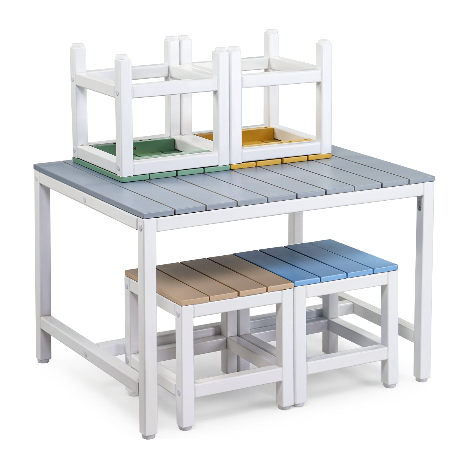 5-Piece Children's Patio Table And Chair Set (1 Table + 4 Stools), 29.5 Inches, Blue-Khaki, Light Orange, Blue-Green Color Blocking