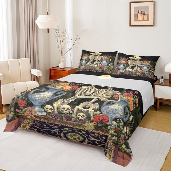 Homewish Teens Adults Gothic Skeleton Twin Sheet Sets 3pcs,Chic Flowers Twin Fitted Sheet Microfiber,Retro Exotic Style Breathable Flat Sheet,Ultra Soft Home Decor