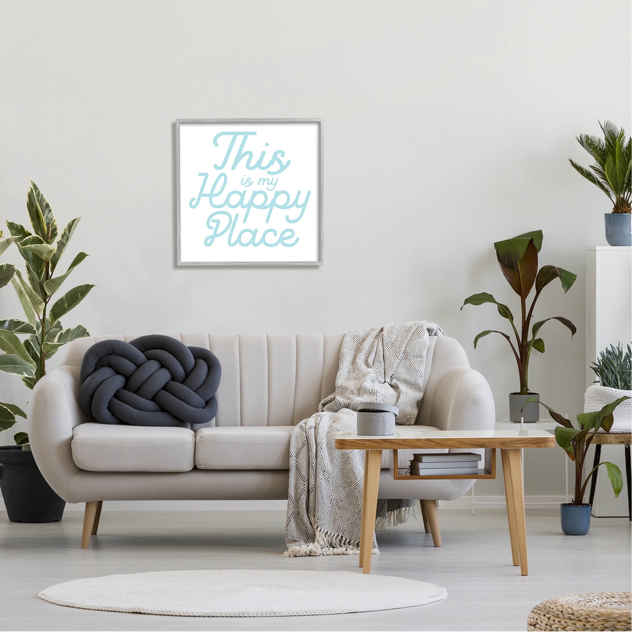 Stupell Industries Blue Happy Place Phrase Graphic Art Gray Framed Art Print Wall Art, Design by Daphne Polselli