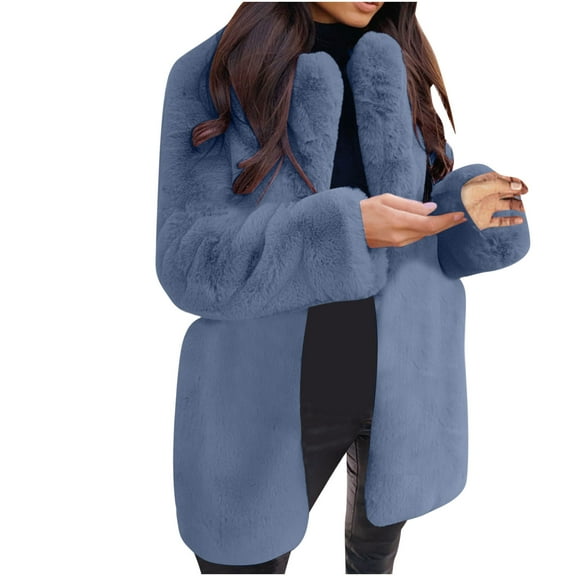 Herrnalise Jackets For Women Long Sleeve Lapel Plush Coat Fashion Solid Color Warm Coat Blue,L