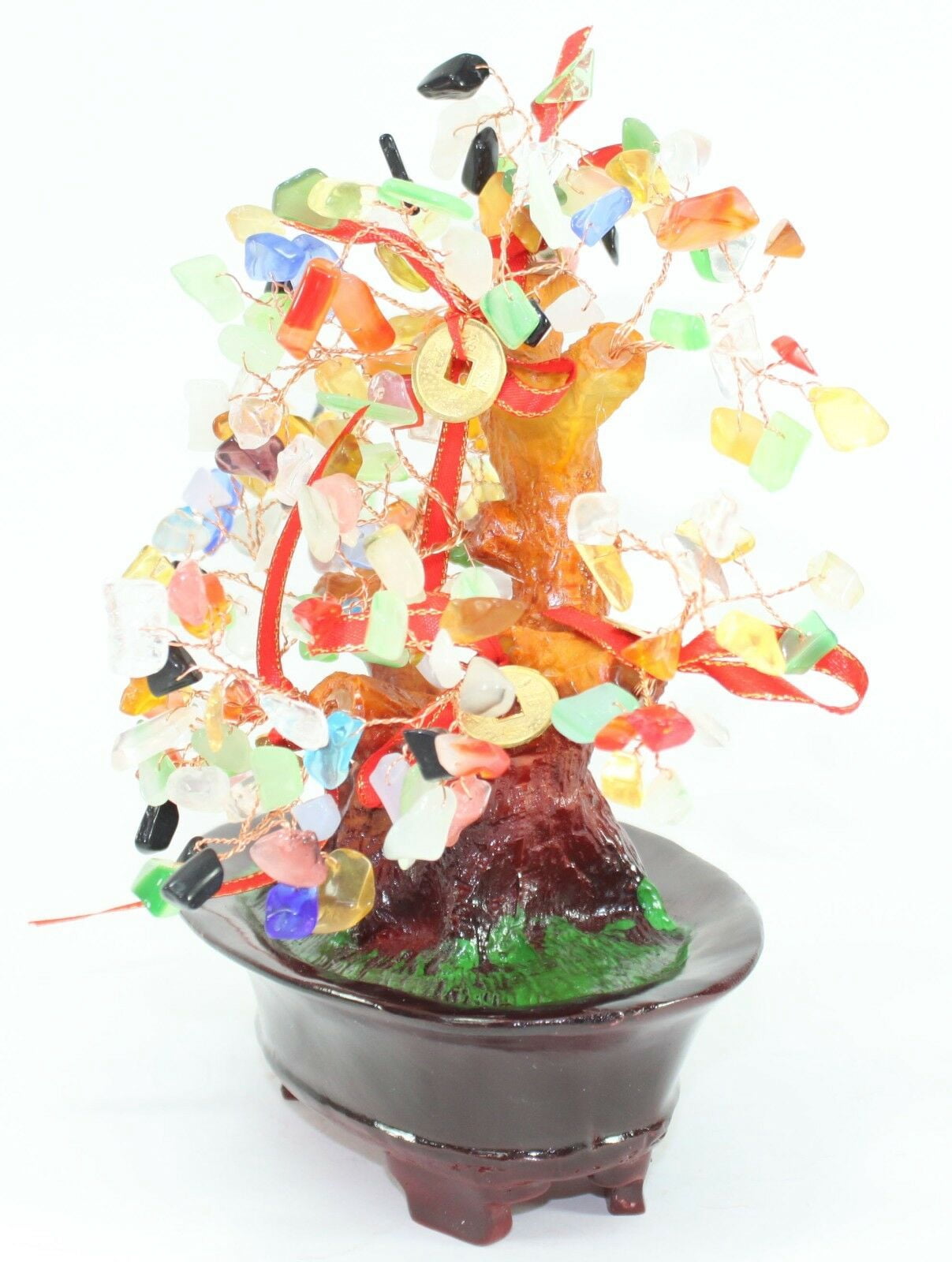 TRE003 8.5" Feng Shui Decor Colorful Gem Stone Money Tree Lucky Coins to Attract Wealth