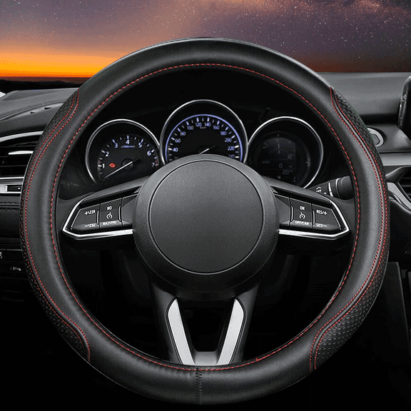 Genuine Leather Steering Wheel Cover, 14.5 - 15 Inches Universal Fit for Truck Sedans SUVs Black with Red stitching