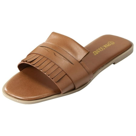 

SEMIMAY Fringe Casual Slip Flat On Fashion Slipper Women s Shoes Squared Toe Women s slipper Brown