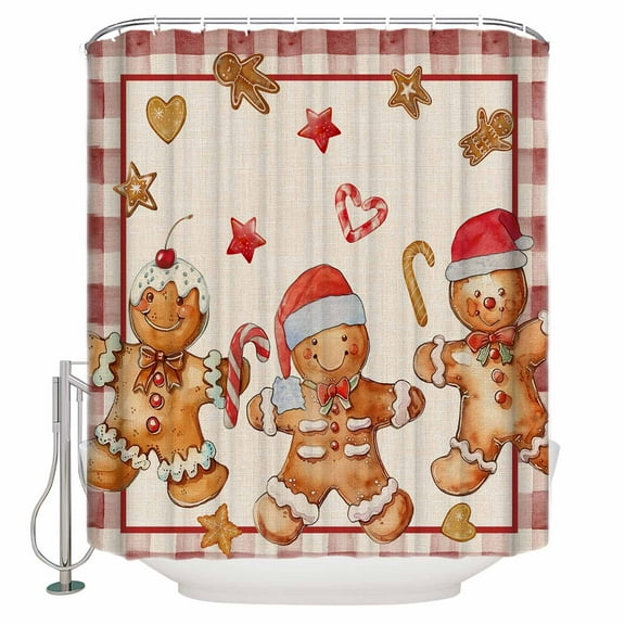 Christmas Vintage Shower Curtain, 72" x 72", Gingerbread Man Red Plaid Waterproof Bathroom Curtain Washable Shower Curtain Set with 12 Hooks