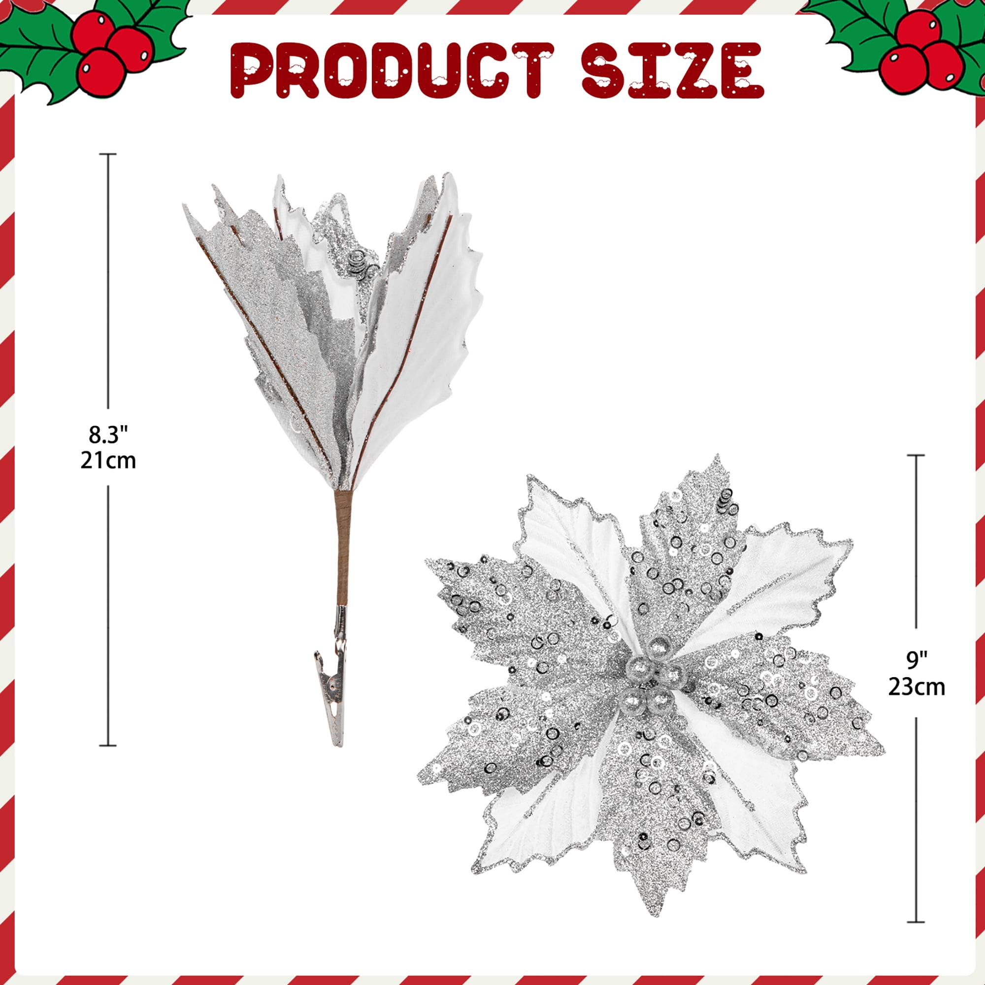 8PCS Christmas Poinsettia Flowers Glitter Decorations Flowers with Clips Ornaments for Christmas Tree Wreath Garland, Silver