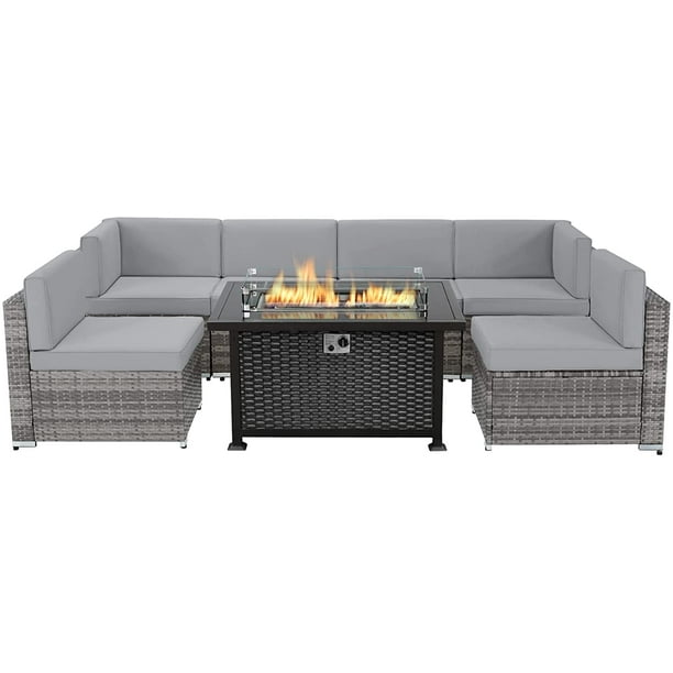 Azië Beurs Monografie Danrelax 7 Pieces Patio Furniture Sectional Sofa with Propane Gas Fire Pit  Table (Grey & Black) - Walmart.com