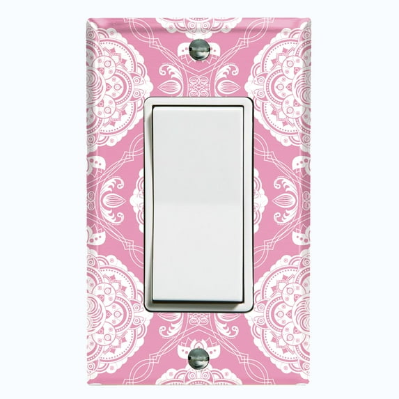 Metal Light Switch Plate Cover Mandala Pink White Floral Pattern Damask MDL076