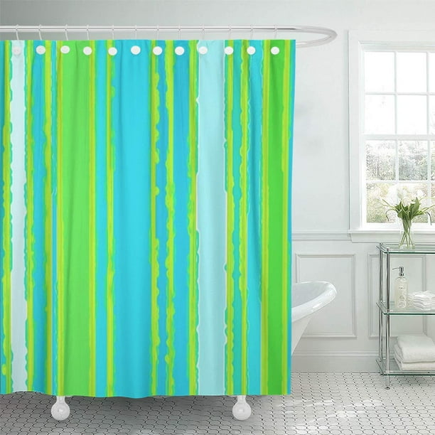 SUTTOM Cozy Lime Green Aqua Turquoise Stripes Livin Designs Whimsical Shower Curtain 66x72 inch