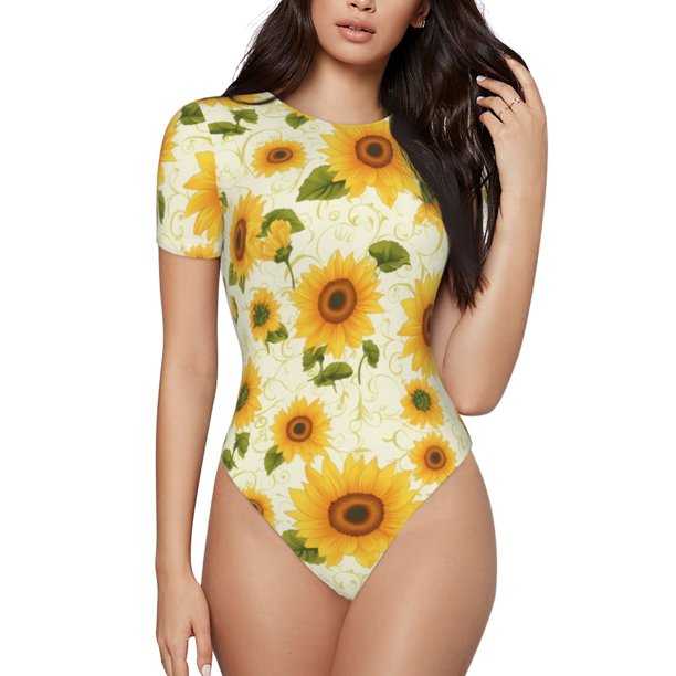 Fotbe European-style Pattern Sunflower Body de Mujer con Cuello Redondo y Mangas Cortas, Sin Mangas Ajustado, Suave, Cómodo y Básico-XX-Large