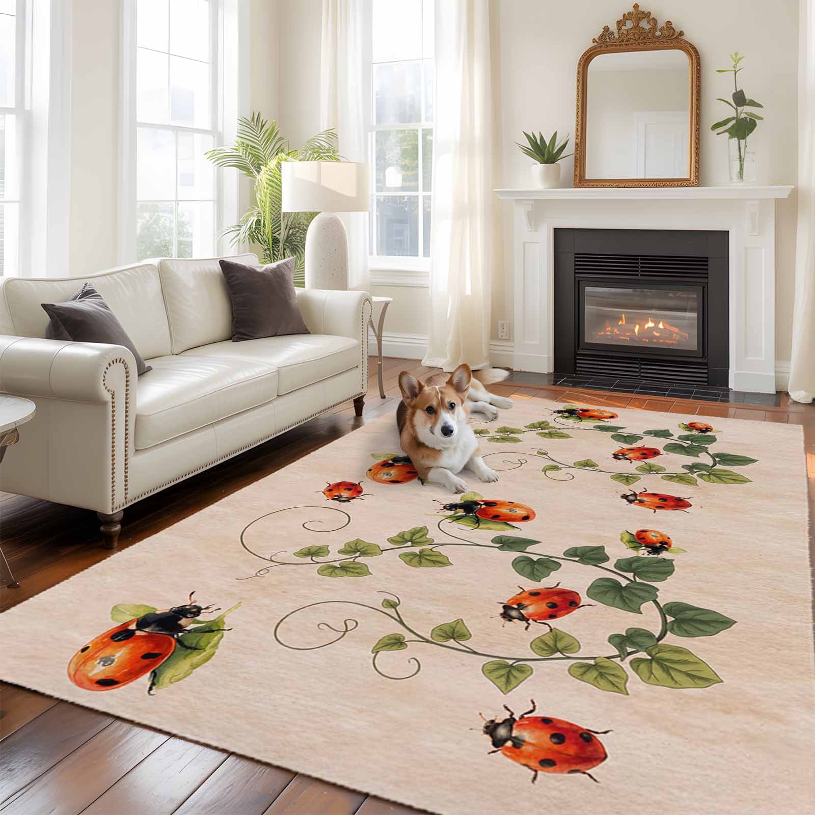 Ladybugs Eucalyptus Leaves Area Rugs 5'x7', Washable Small Throw Rugs for Laundry Room Playroom, Spring Botanical Vintage Indoor Outdoor Rug Non-Slip Low Pile Carpet Runner Reversible Floor Mats