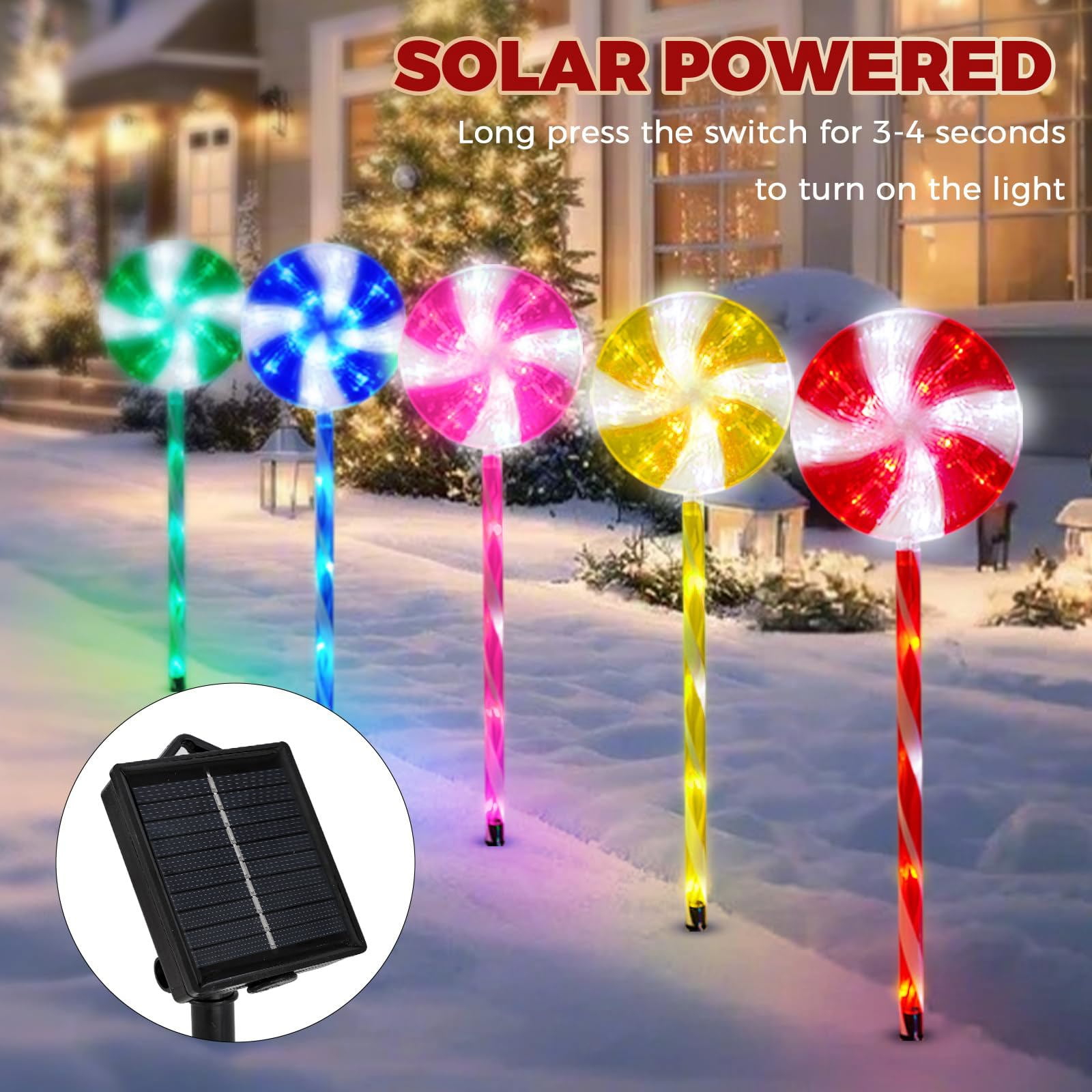 5 Pack Outdoor Christmas Decorations Solar Pathway Lights, Set of 5 Lollipops Stake Lights, 8 Modes Candy Cane Walkside Lights, Outdoor Xmas Decoration for Walkway,Yard