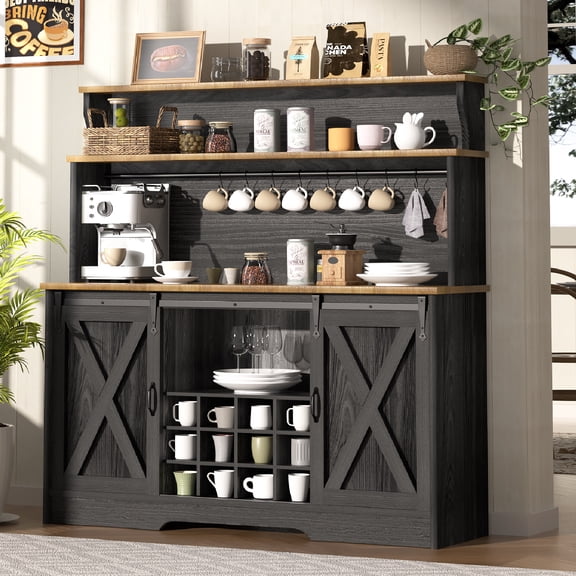 55'' Farmhouse Coffee Bar Cabinet with 3 Tier Storage Hutch, Coffee Bar Station with Sliding Barn Door, Hutch Storage Cabinet with 12 Wine Racks & 9 Hooks for Kitchen Dining Living Room