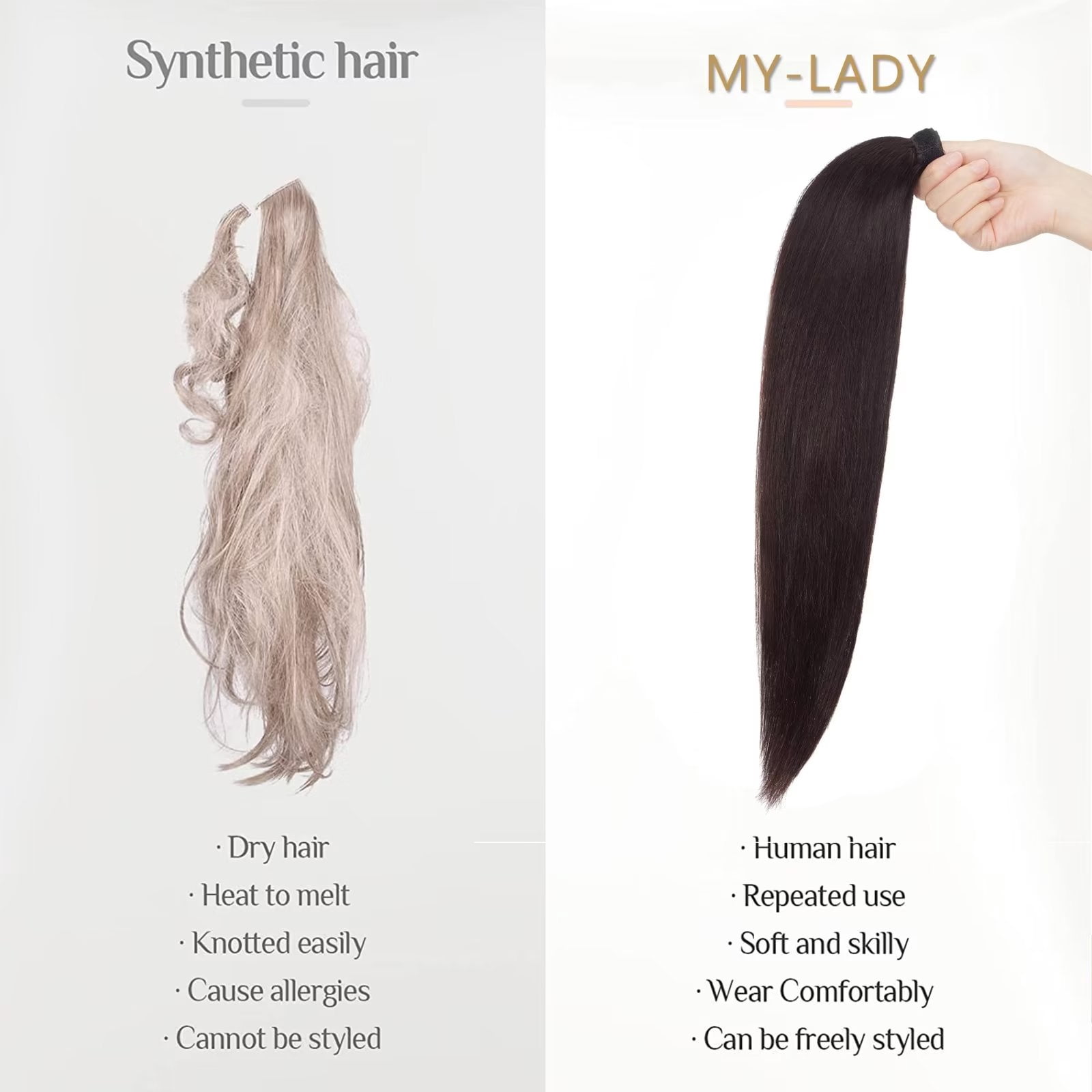 MY-LADY Remy Human Hair Extensions Ponytail Magic Paste Extensions Hair Wrap Around Ponytail Hair Piece Clip in Straight 22inch #1B Natural Black