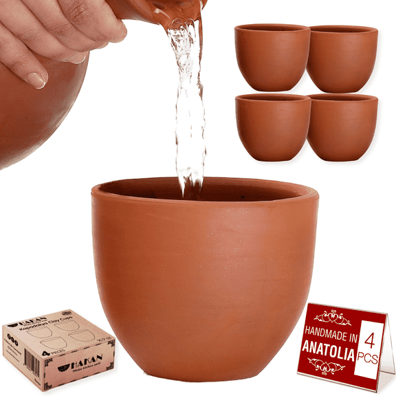 Hakan Kapadokya Handmade Pottery Mug Set of 4, Clay Cups for Beverages, Unglazed Clay Bowls, 4 Pcs, 16.9 Oz