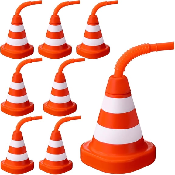 8 Pack Construction Cone Cups with Straws Bulk, Traffic Cones Party Favor 10 oz Plastic Reusable Kids Race Cups Set for Construction Traffic Theme Racing Car Birthday Party Supplies