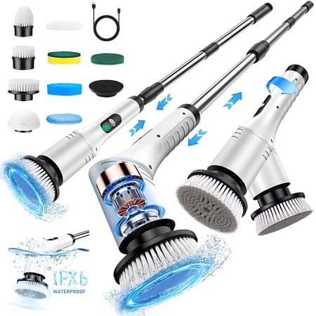 STARBIAO Electric Spin Scrubber with Adjustable Head, No Bending Bathroom Cleaner, Cordless Power Scrubber with Long Handle, 9 Brush Heads, 2 Speeds, Waterproof for Tub Tile Floor Shower