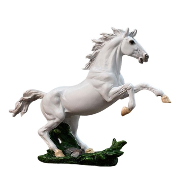 estatua de resina de caballo de pie, escultura blanca de caballo al galope de 32 cm, estatuilla de cría con peana verde en vista lateral 3/4 que muestra crin tallada y patas delanteras levantadas, figura decorativa para mesa de oficina o decoración del hogar; a menudo usada como regalo para inauguración o escritorio.
