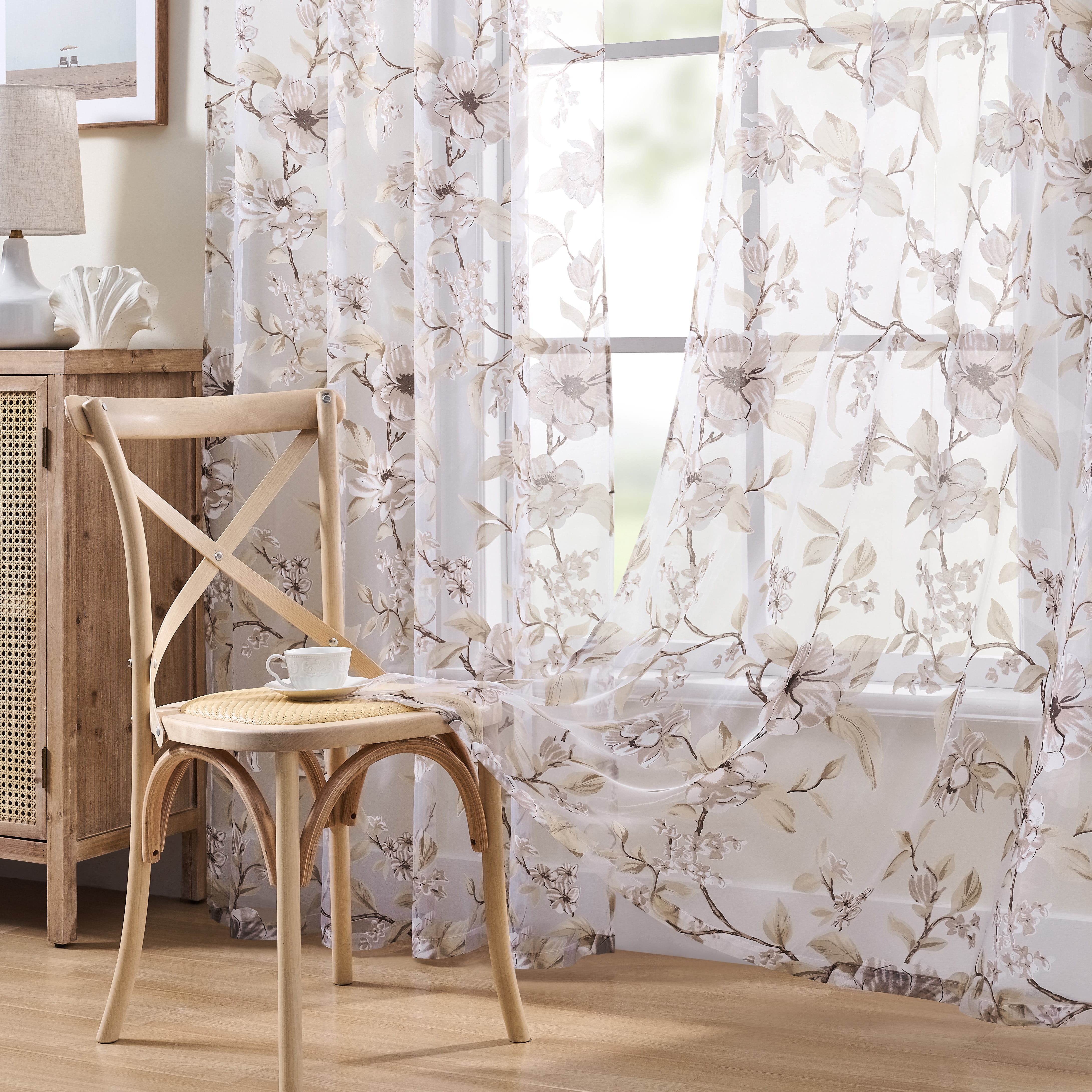 Muuphra Farmhouse Yellow Burnout Floral Semi Sheer Curtains for Living Room Bedroom Girl's Room ,2 Panels Set,55×84"
