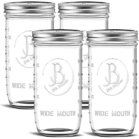 Wide Mouth Mason Jars 24 oz - (4 Pack) - Clear Glass Pint and a Half Mason Jars With Airtight Lids and Bands