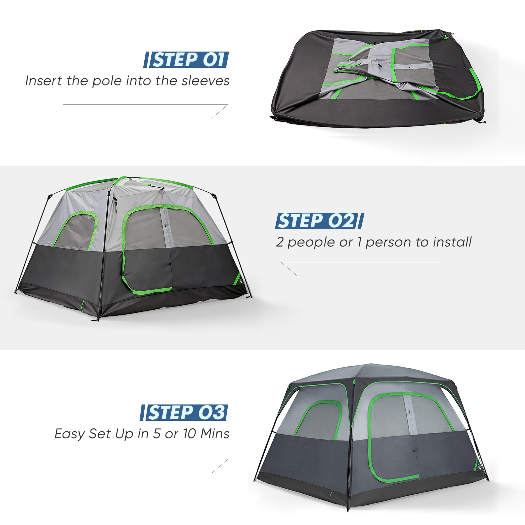 EDX 6 Person Waterproof & Windproof Family Camping Tent with Large Interior, Easy Setup Cabin Tent with Mesh Windows & Skylights, Portable Outdoor Tent for Car Camping, Hiking, Fishing, Gray