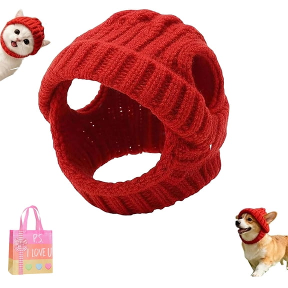 Red Wool Knit Dog Beanie with Ear Flaps, Stretchy Warm Pet Hat for Small Dogs & Cats, Cozy Cold Weather Gear for Walks & Photos (A, Red)