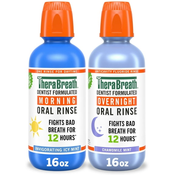 TheraBreath AM   PM Mouthwash Bundle, Morning & Overnight Rinses, 16 fl oz (2-Pack)