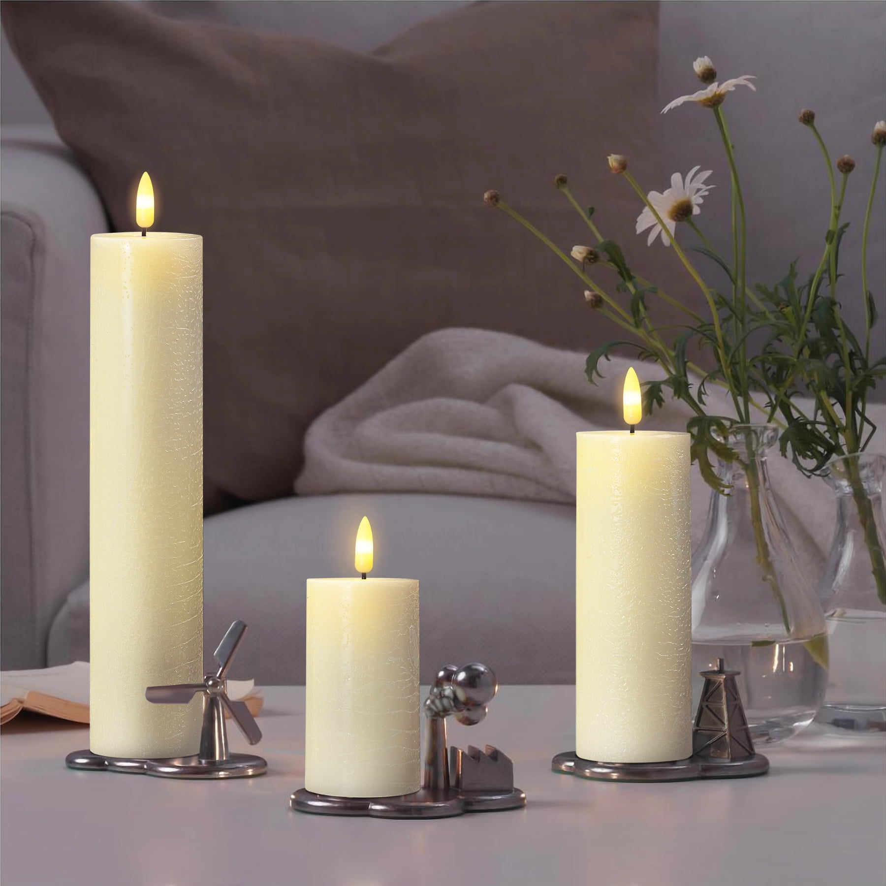 Mavandes Flickering Flameless Pillar Candles with Remote Control and Cycle Timer,Ivory Pack of 4 Battery Operated LED Real Wax 3D-Wick Electric Candles