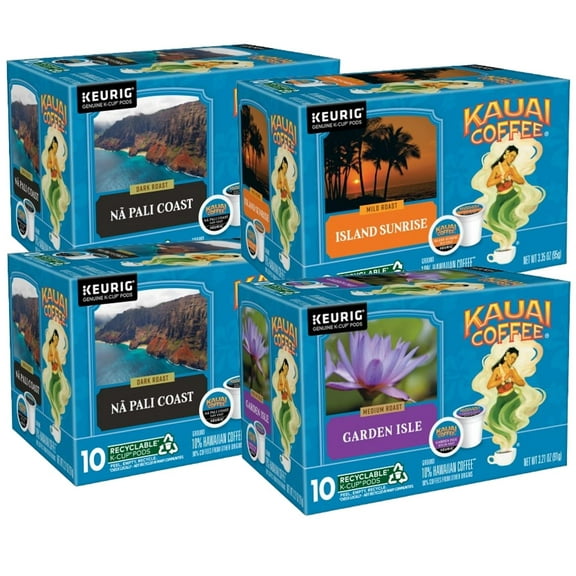 Kauai Coffee K-Cup Pods for Keurig Brewers Arabica Coffee, 10% Hawaiian Mild, Medium and Dark Roast, Rich, Smooth, No Bitterness Three Flavors, 4 Packs of 10 Single Serve K-Cups