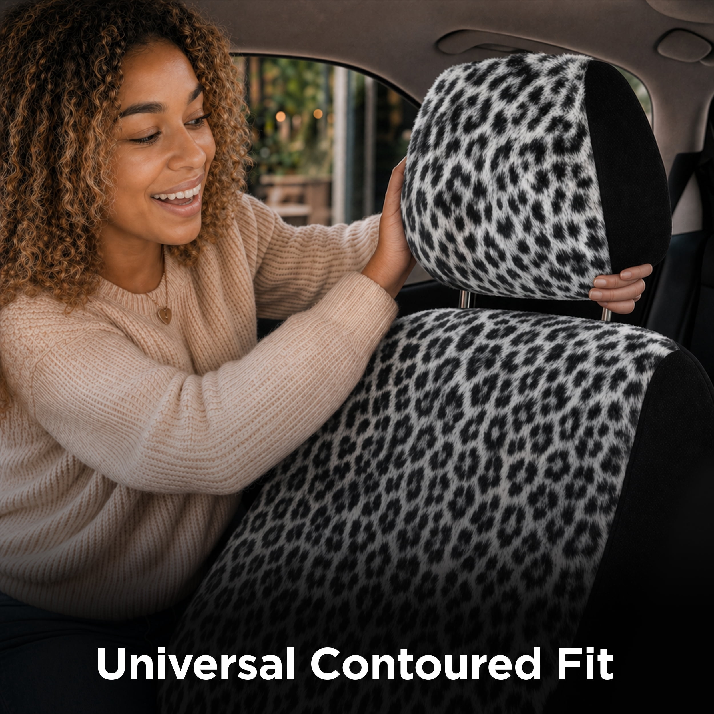Auto Drive 2-Piece Fur Snow Leopard Seat Covers for Cars, SUVs, and Crossovers