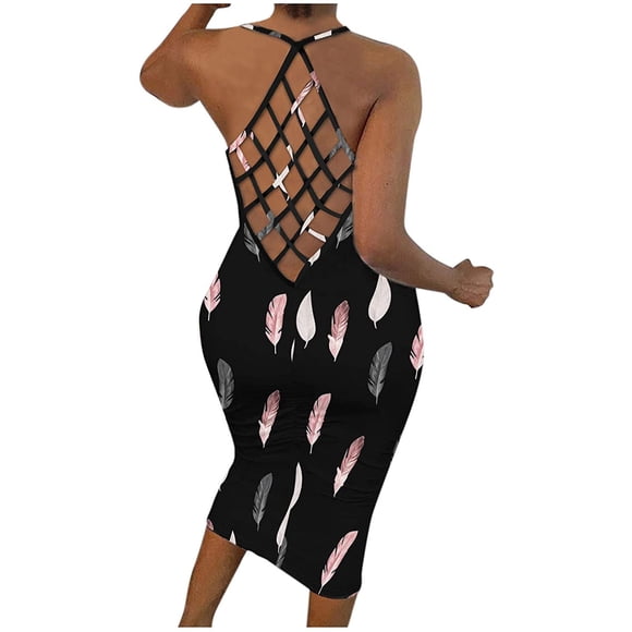 Leutsin Women Print Color Halter Fishnet Round Neck Dress Long Dress