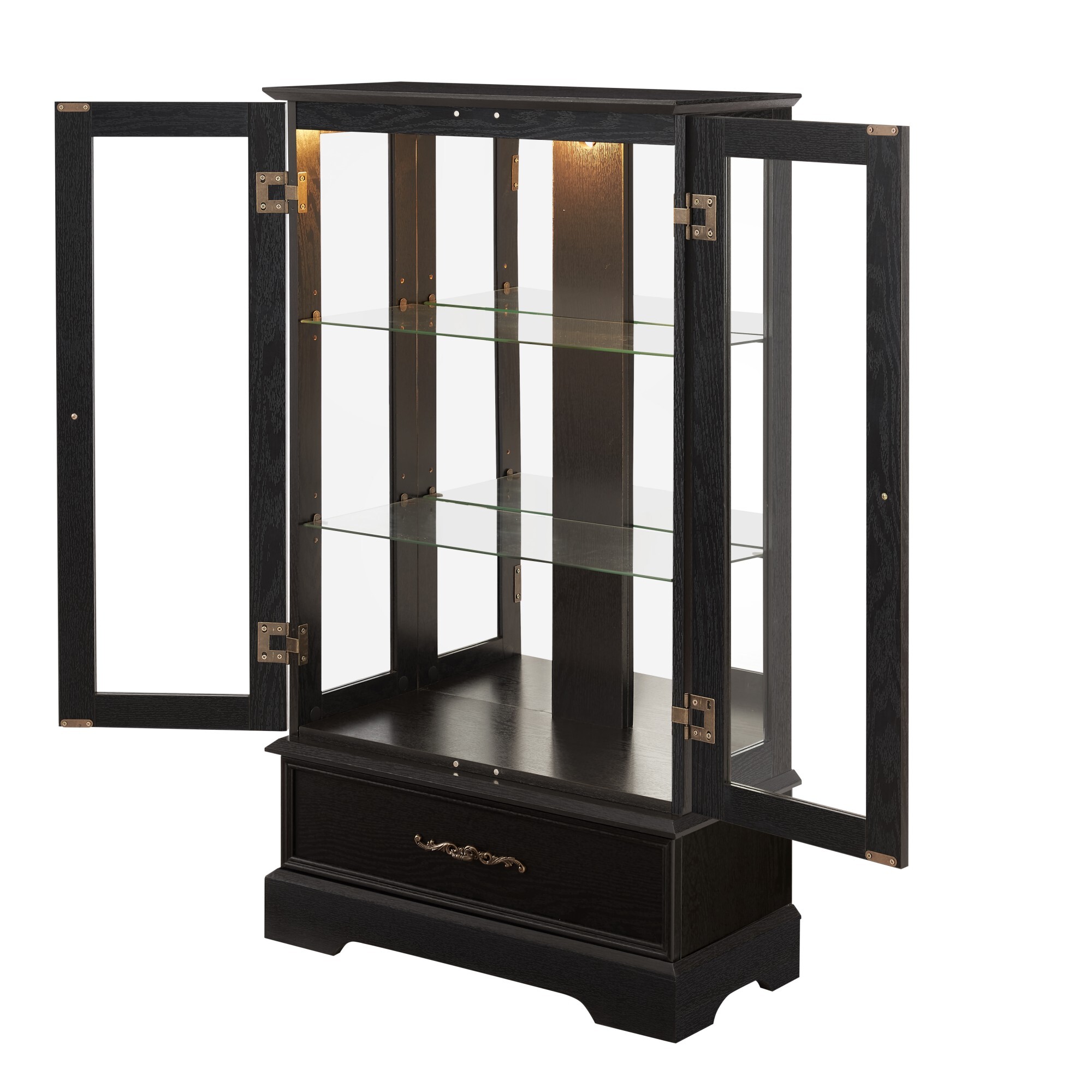 AENKYO 47" Retro Glass Curio Cabinet with Light Bulb - Vintage Display Case with Adjustable Glass Shelves, Black