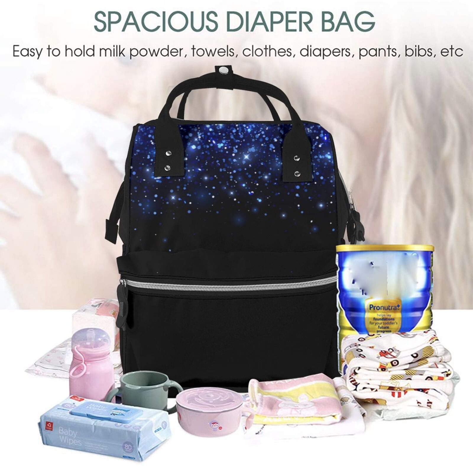 Ratiio Black Blue Glitter Sparkles Mummy Backpack - Waterproof Twill Canvas, Large Capacity Diaper Bag with Multiple Pockets and Adjustable Straps