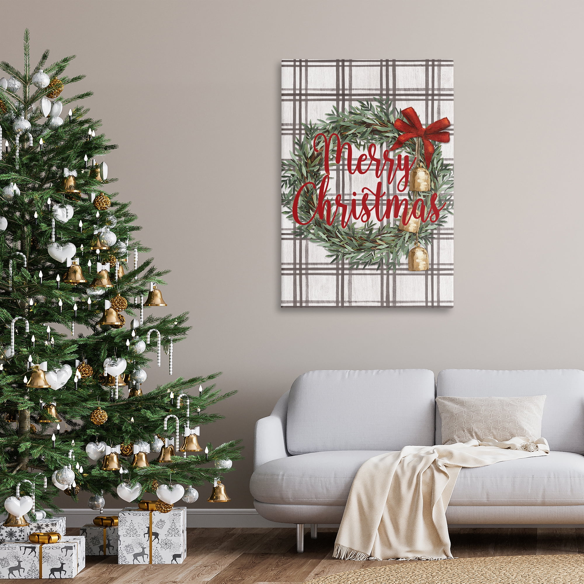Stupell Industries Plaid Christmas Wreath Holiday Painting Gallery Wrapped Canvas Art Prints Wall Art, 30 x 45