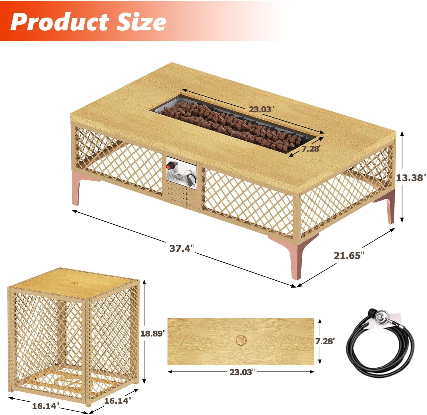LAZZO Outdoor Fire Pit Table, Rectangular 60000 BTU Propane Fire Pit with Wicker Frame and Tank Holder