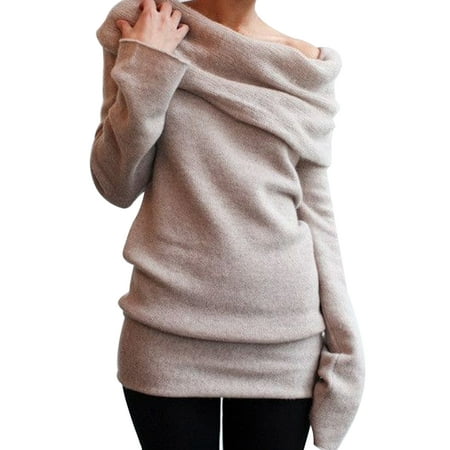 Off Shoulder Sweater Top - Women One Shoulder Chunky Knit Jumper Lapel Neck Ladies Oversized Baggy Ladies Sweater Pullover Top Off Shoulder