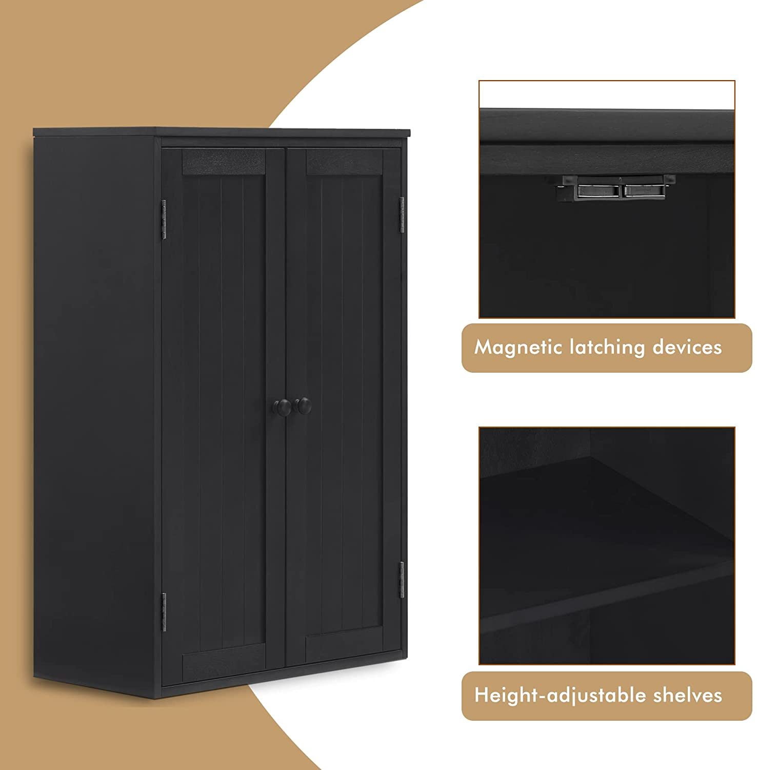 Bathroom Storage Cabinet, Wooden Free Standing Bathroom Floor Cabinet with Double Doors and Adjustable Shelf, Bathroom Storage Organizer for Kitchen Entryway Bedroom Living Room, Black