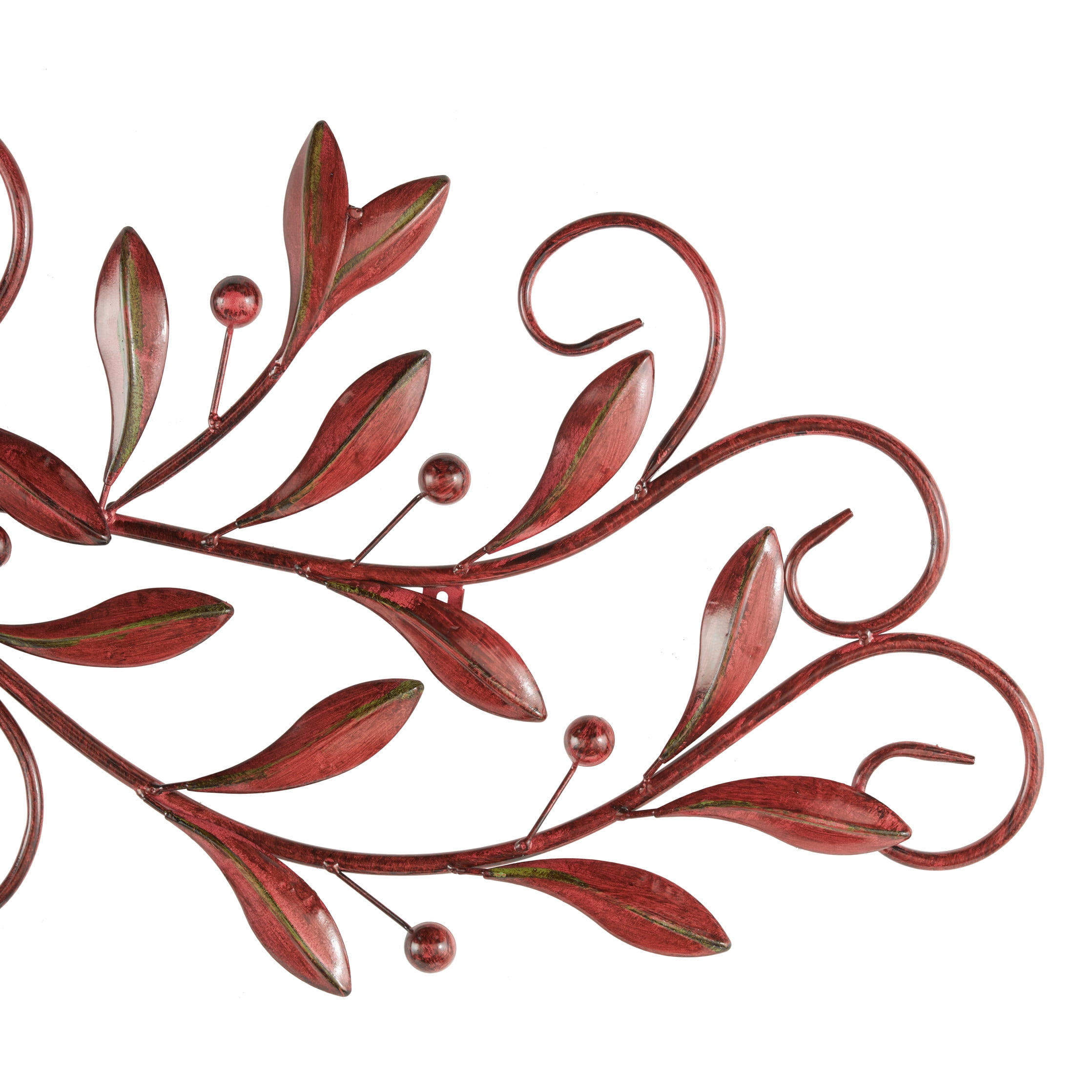 DecMode Red Metal Long Scrolled Leaf Wall Decor with Beaded Accents