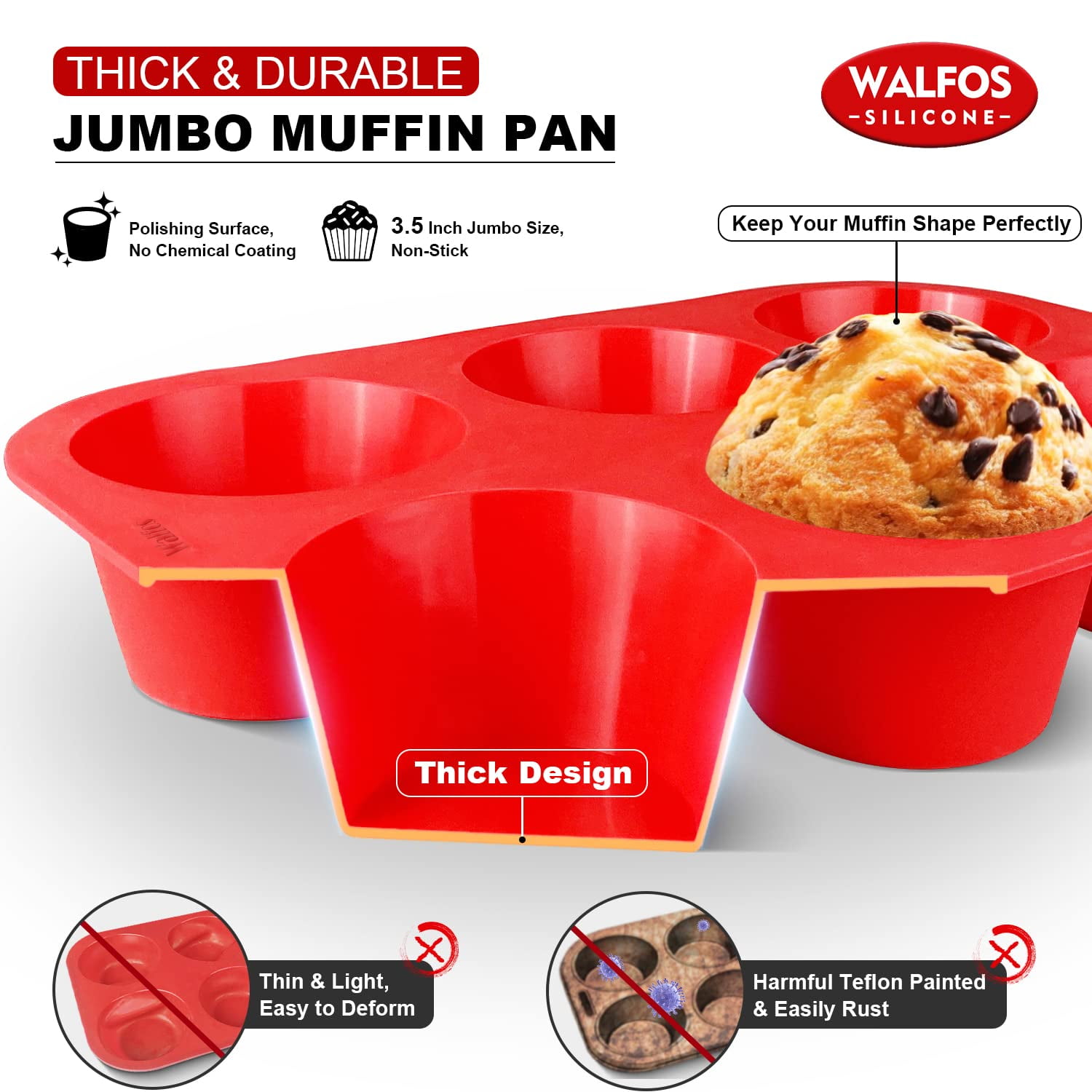 6/12 Cup Silicone Muffin Pan Jumbo Silicone Cupcake Pan, Non-stick