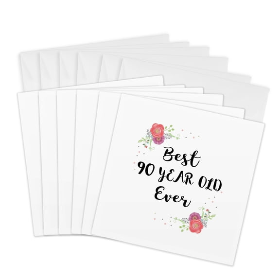 3drose, Floral Best 90 Year Old Ever Pink Flowers Cute 90th Birthday Girl Gift, 6 Greeting Cards with Envelopes