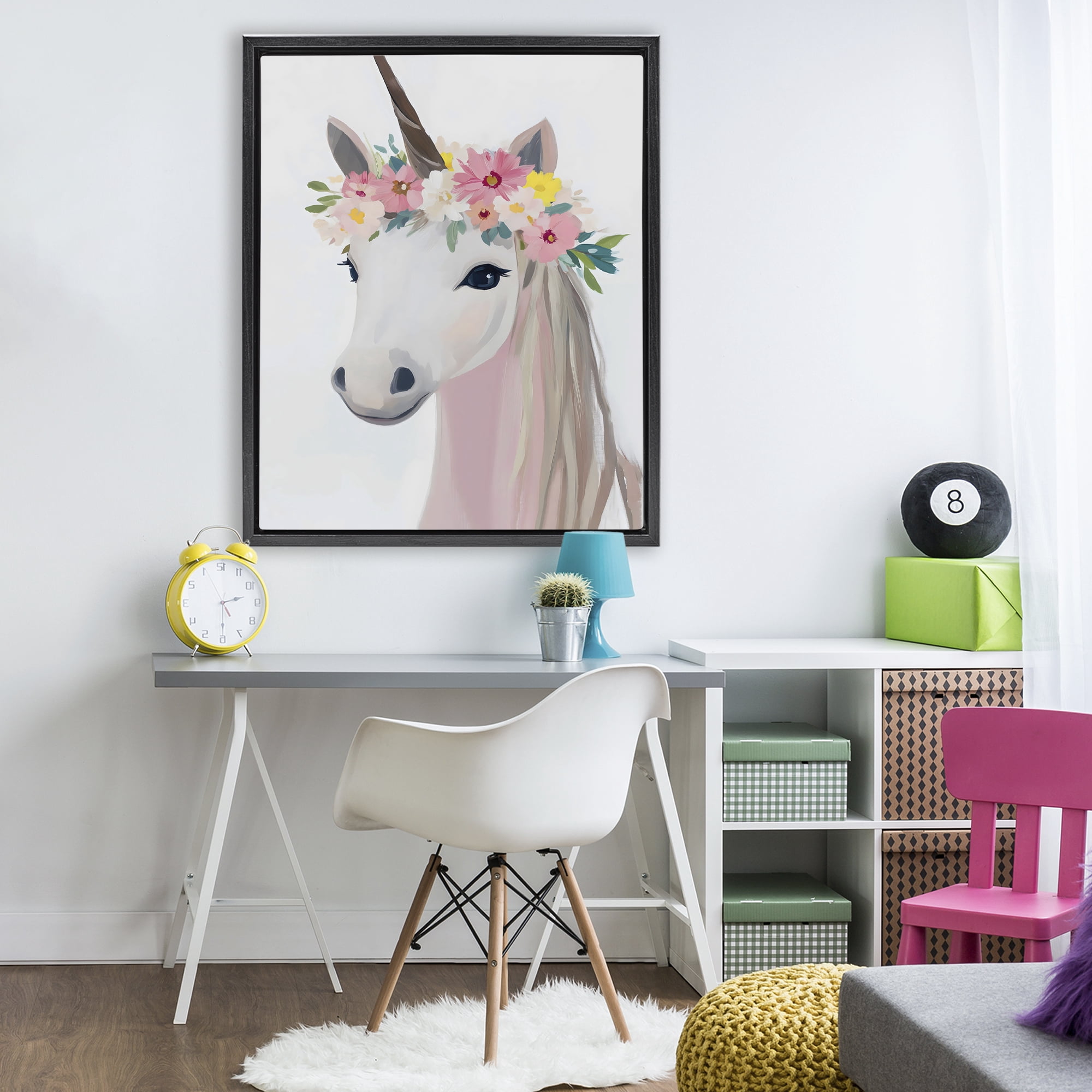 Stupell Industries Flower Crown Unicorn Black Framed Floater Canvas Wall Art, design by The Prints Vibe