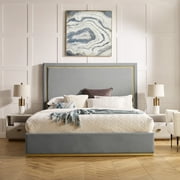 Inspired Home Roxana Upholstered Velvet Contemporary King Bed with Gold Base Frame, Grey