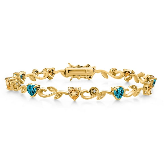 Gem Stone King 18K Yellow Gold Plated Silver Heart Shape London Blue Topaz Yellow Citrine and Round White Lab Grown Diamond Greek Vine Flower Tennis Bracelet for Women (5.09 Cttw, 7.5 inch)