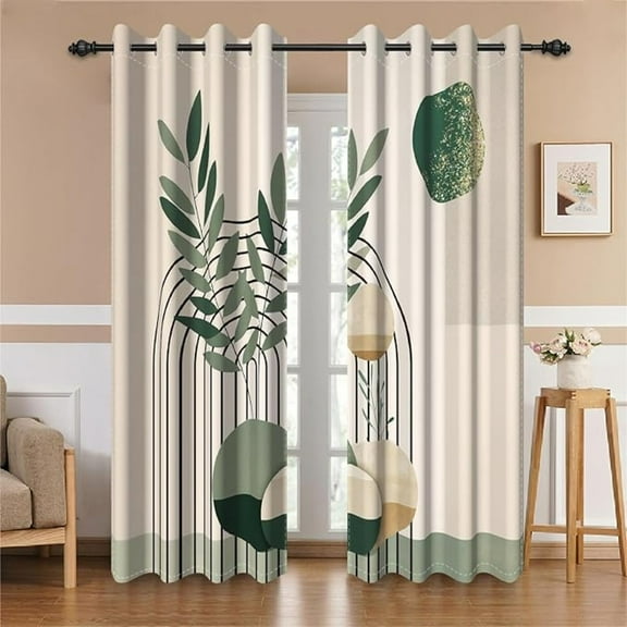 Mid Century Blackout Curtains, Green And Beige Window Curtains For Living Room Abstract Minimalist Arch Darkening Drapes With Grommets 42"W x 84"L (Pack of 2)