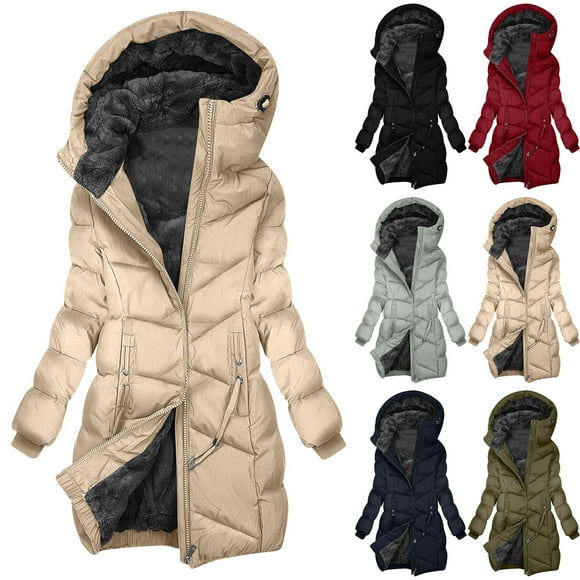 JURANMO Winter Coat for Women Slim Down Jacket Fleece Lined Warm Hood Quiled Jackets Solid Color Mid-length Quiled Jacket with Pockets Lightning Deals Red XXL