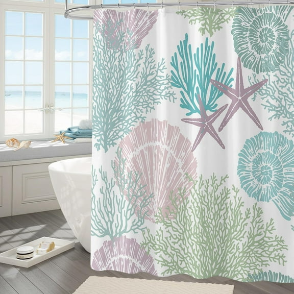 Nautical Coastal Shower Curtain, Ocean Beach Seashell Starfish Themed Shower Curtain for Bathroom Decor, Marine Underwater Waterproof Fabric Shower Curtain Set with Hooks, 72x72, Green & Pink