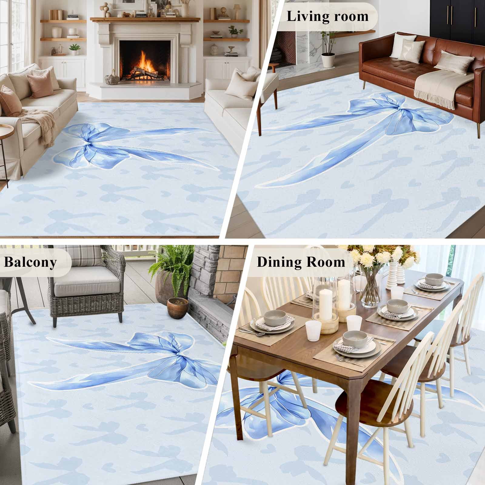 Cute Bow Area Rugs 6'x9', Washable Small Throw Rugs for Kitchen Dining room, Blue Bowknot Minimalist Solid Color Indoor Outdoor Rug Non-Slip Low Pile Carpet Runner Reversible Floor Mats
