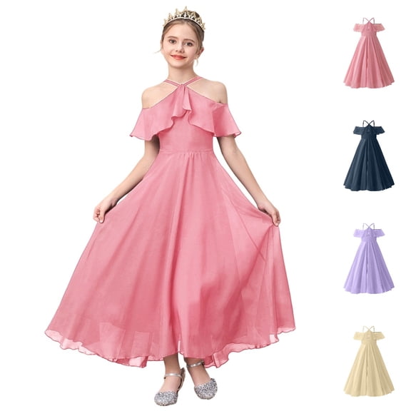 HJYCHN Girls Dress Halter Neck off Shoulder Chiffon Gown with Ruffled Sleeves for Dresses for Girls 11-12 Years